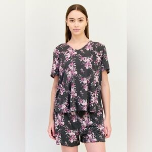 Women's Floral Pajama Set - Black with Pink Floral